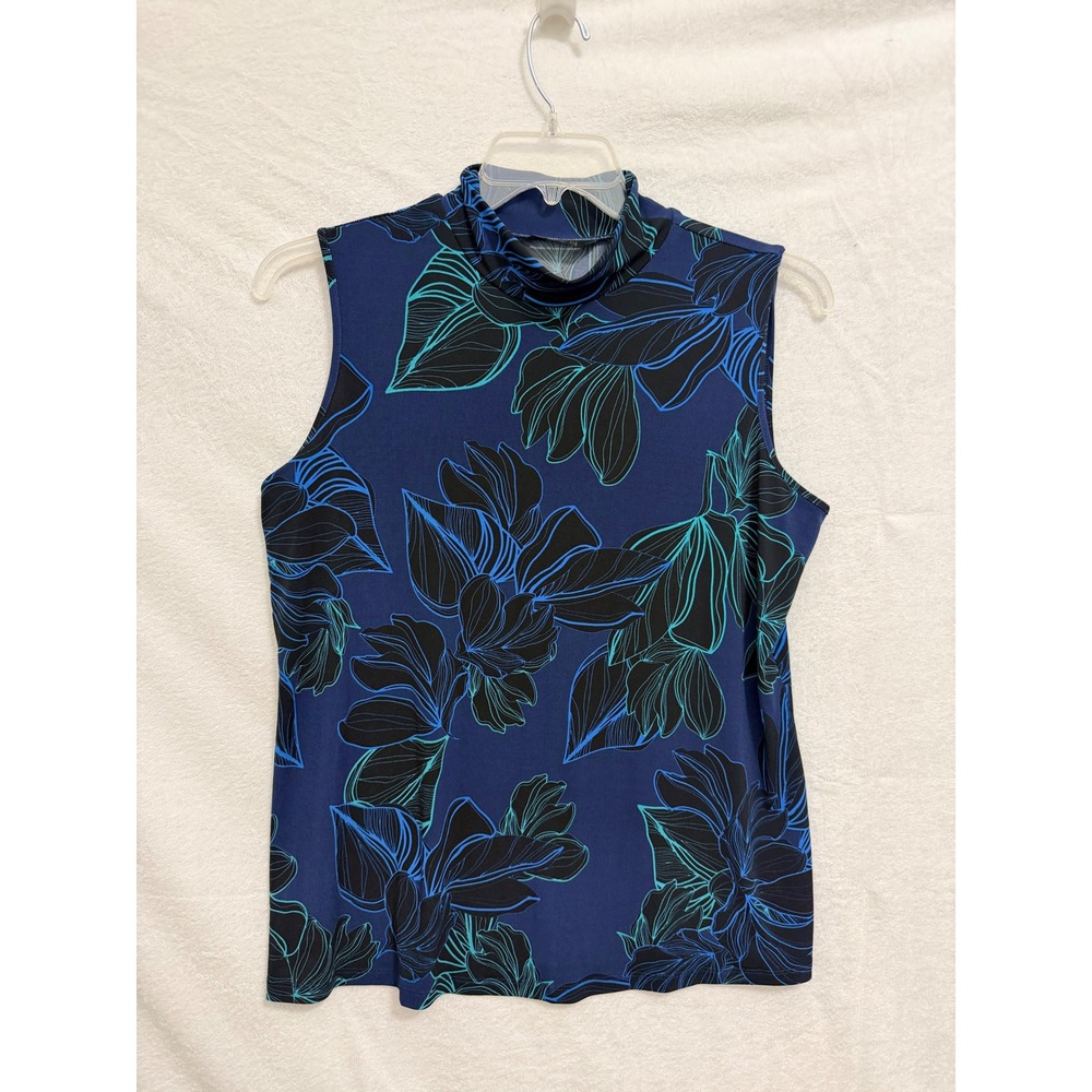 IMAN Womens XL Blue Floral Mock Neck Sleeveless Stretch Jersey Knit Blouse Top